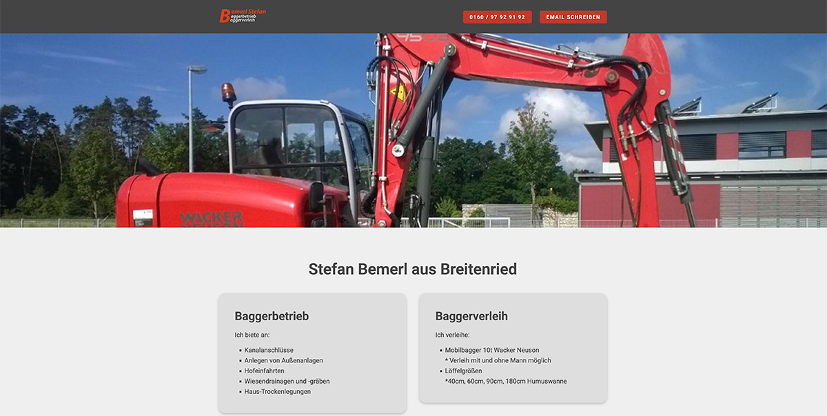 Internetauftritt Baggerbetrieb Bemerl